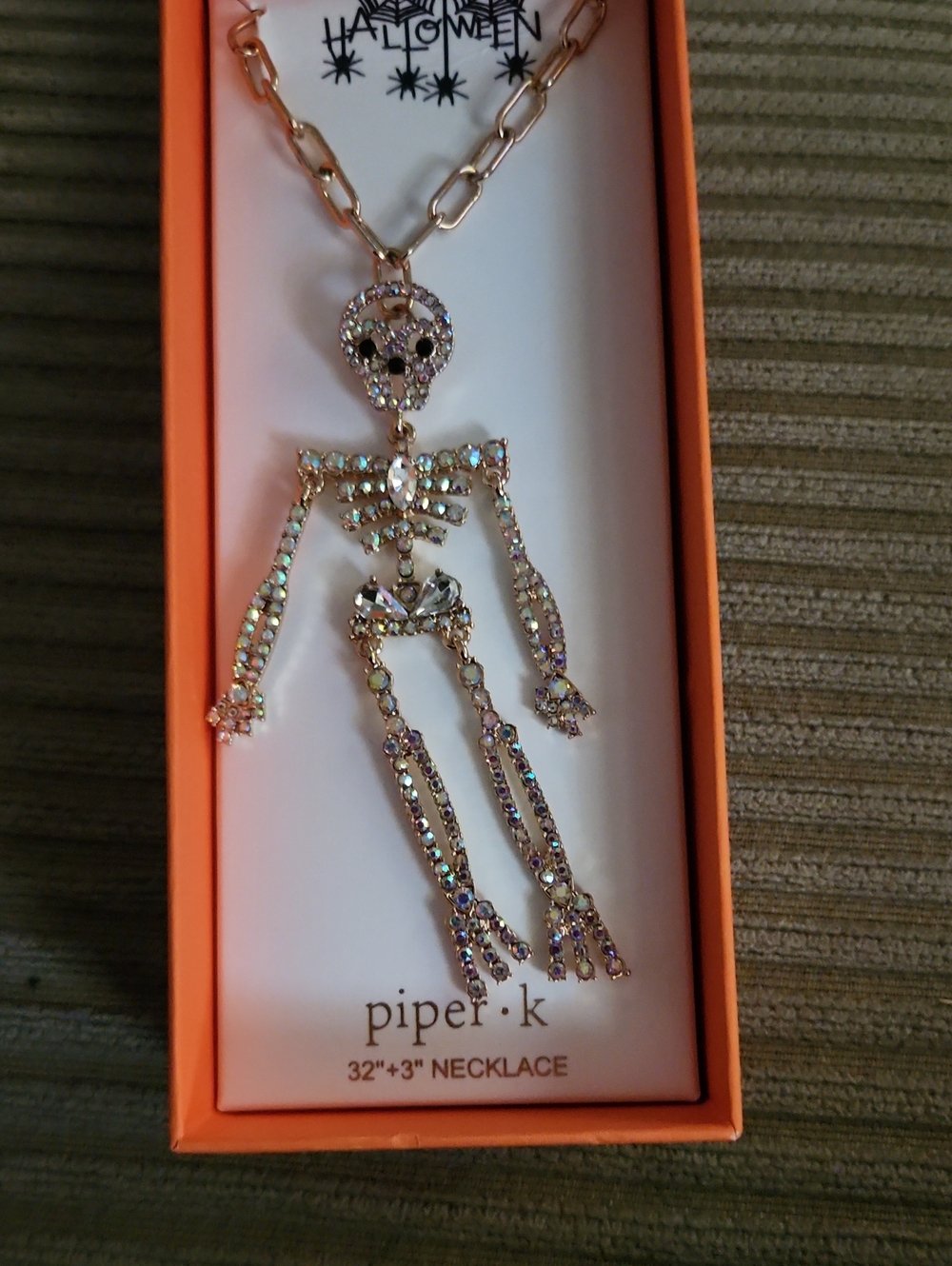 Piper K Crystal Skeleton Pendant Necklace - Gold with Iridescent Stones